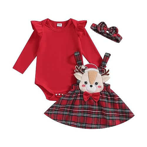 Newborn Baby Girl Fall Winter Outfits Thanksgiving Christmas Outfit Long Sleeve Romper Suspender Skirt Set 3Pcs