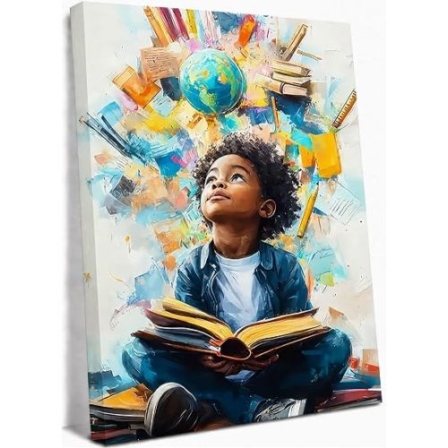 Black Boy Reading Canvas Wall Art Inspirational Books For African American Boys Painting Picture Wall Decor African Boy Poster Print Artwork for Teenagers' Living Room Study Home Decoration 12x16in