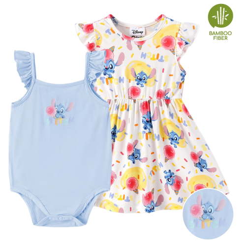 Disney Stitch Baby Girls Clothes Bamboo Viscose Floral Dress and Graphic Bodysuit 2 Pack Cute Outfit Shower Gift Newborn3-6 Months