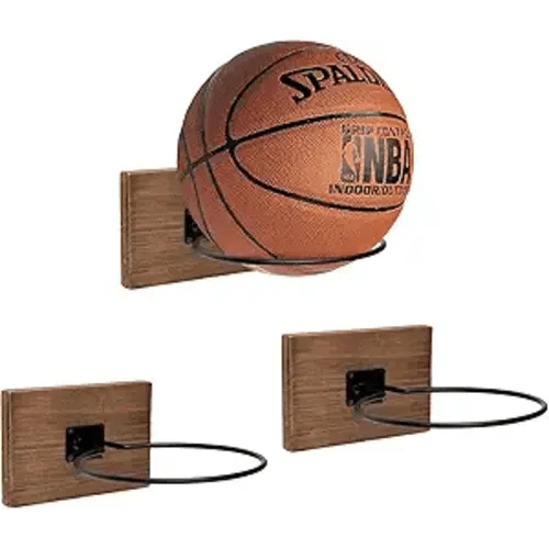 GENMOUS Set of 3 Wood Basketball Holder Wall Mount Display for Boys Room Decor, Metal Ball Rack Display Stand for Basketball Football Volleyball Storage, Basketball Rack Sports Decor for Boys Bedroom