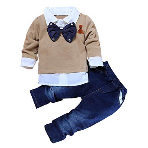 MYGBCPJS 3Pcs Boy Handsome Outfit Set Plaid Shirt + T-Shirt + Suspender Jean Sets