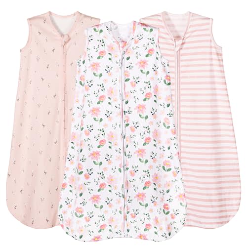 PHF Soft Baby Sleep Sack 6-12 Months 100% Organic Cotton Wearable Blanket, 2-Way Zipper 0.5 TOG Toddler Sleeping Sack 3 Pack, Comfy Sleep Bag for Baby Girls, Pink Floral (Medium)