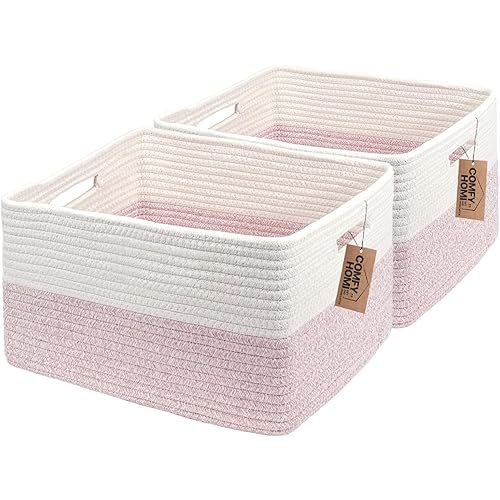 COMFY-HOMI 2 pcs Large Storage Baskets for Shelves, Laundry Basket, Woven Rope Basket, Closet Organizer Bins for Clothes Blanket Towels, Baby Nursery, Gift Toy Baskets, 17” x 13” x 7.5”-White/Pink