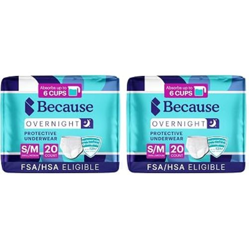 Because Overnight Absorbency Pull Ups - Adult Disposable Incontinence Underwear, Extra Absorbent Nighttime Briefs for Men and Women, White, Small/Medium, 20 Count (Pack of 2)