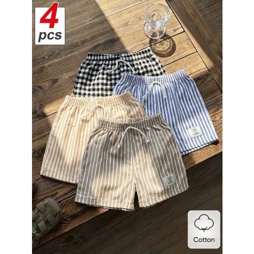 SHEIN Boys' Cotton Clothes 4pcs/Set Young Boy Casual Sports Street Chic Plaid,Striped Patch Shorts,White Summer Fashion Comfortable Wear For School,Outings | SHEIN USA