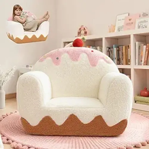 OUOZZZ Toddler Chair for Ages 1–6, Soft Sherpa Kids Sofa with Book Pocket & Carry Handle, Cozy Single-Seat Couch for Playroom or Bedroom, Christmas Birthday Gift for Girls (Ice Cream)