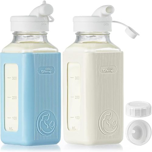 Syntic 2 Pack 16 Oz Glass Breastmilk Storage Bottle with Airtight Lids & 2 Pour Spouts, Milk Storage Containers for Fridge with Clear Scales - Day/Night Milk Collection Bottles with Protective Case