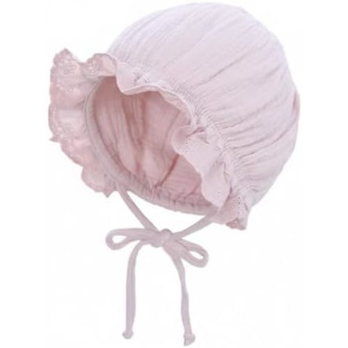 Baby Girl Cotton Muslin Bonnet - Vintage Ruffle Lace Newborn Sun Hat Adjustable Chin
