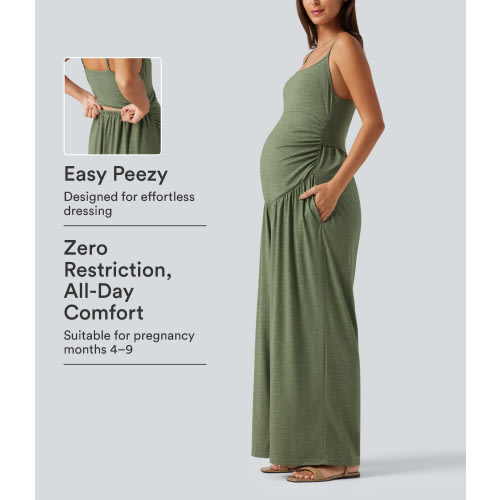 Women’s Built-In-Bra Ruched Wide Leg Heathered Casual Maternity Slip Jumpsuit with Pockets-Easy Peezy Edition - Halara