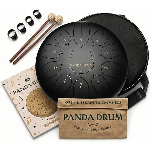 Panda Drum Plus (Black) | Steel Tongue Handpan with Music Book, Mallets, Carrying Bag & Finger Picks | 11 inch, 432 Hz | Rain Drum for Inside & Outside | Calming Musical Instrument for Adults & Kids