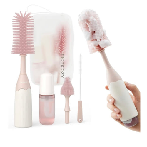 Momcozy Bottle Brush Kit, Innovative Push-Press Design for Better Cleaning - Baby Bottle Cleaner Brush for Baby Bottle, Breast Pumps, Nipples, and More - Can Generate Foam for Better Cleaning, Pink