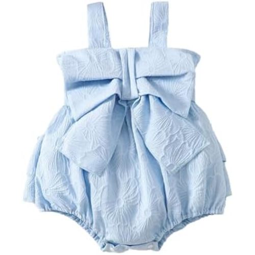 Infant Baby Girl Sleeveless Bubble Romper Bow Dress Floral Texture Bodysuit Spring Summer Outfit
