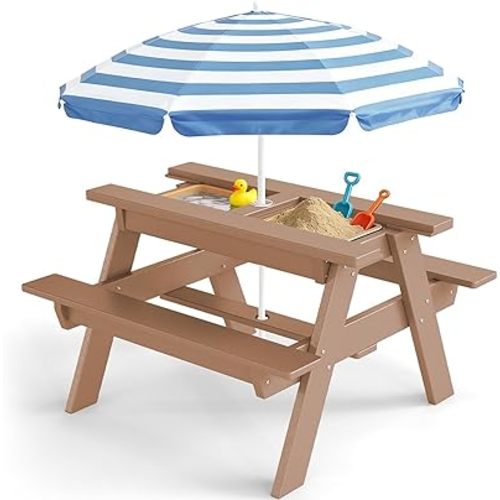 FOOWIN Kids 3-in-1 Sand & Water Table,HDPE Outdoor Convertible Picnic Table w/Detachable Tabletop, for Outdoor Backyard Patio Play Teak