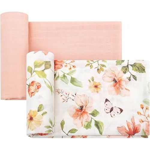 LifeTree Baby Swaddle Blankets, Boys Girls Muslin Swaddling Wrap Receiving Blanket for Newborn, 70% Viscose from Bamboo and 30% Cotton, Large 47" x 47", Butterfly Floral and Pink