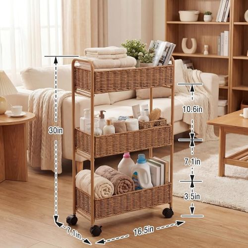 Utility Slim Storage Cart,3-Tier Rolling Kitchen Office Laundry Room Cart,Mobile Shelving Unit Organizer for Living Room Bathroom Baby Diaper Narrow Places (Natural, 3 Tiers-7.1 inch (W))