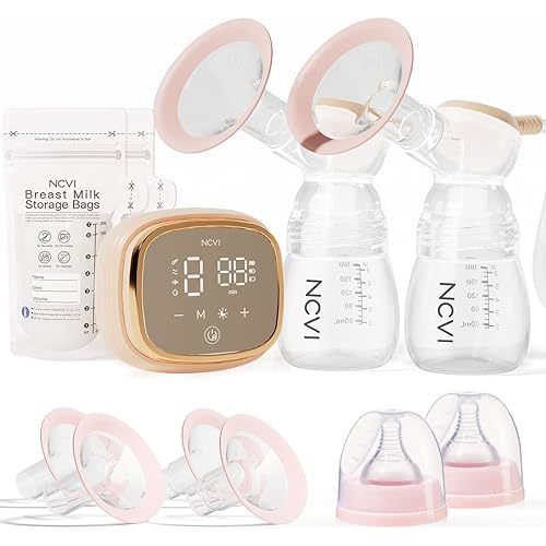NCVI Double Electric Breast Pump 8102, Upgraded 4400mAh Battery with Night Light, Portable Breast Pump for Breastfeeding, 4 Modes & 9 Levels, LED Display, With 8 Flanges, Breastmilk Bags, Nursing Pads