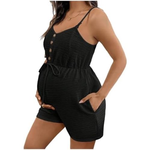 OYOANGLE Women's Maternity Nursing Romper Button Tie Front Spaghetti Strap Short Jumpsuits with Pocket