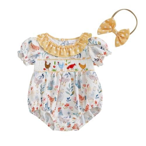 Newborn Baby Girl Farm Clothes Chicken Embroidey Bubble Smocked Romper Plaid Bowknot Western Country Bodysuit Shirt