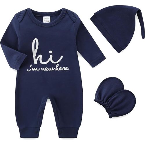 Newborn Baby Romper Cotton Coming Home Outfits Hi Im New Here with Hat Gloves Long Sleeve Solid Onesie