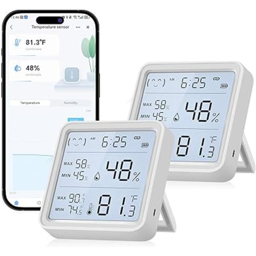 eMylo WiFi Thermometer Hygrometer 2 Pack, Wireless Indoor Humidity Monitor for Room, Smart Digital Temperature Sensor with App Alert, Large LCD Display with Backlight, Free Data Storage Export