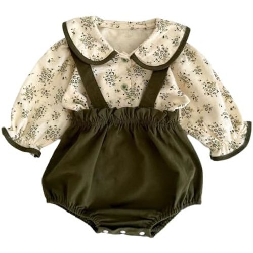 2-Piece Baby Girl Outfit - Long-Sleeve Peter Pan Collar Top & Suspender Romper for Outdoor Wear