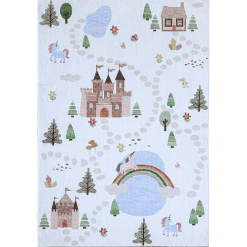 Everly Unicorn Castle Map Scandinavian White and Blue Indoor Rug
