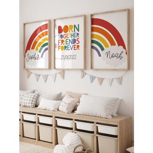 Set of 3 Twins Bedroom Decor, Twins Prints, Born Together Friends Forever, Playroom, Brother Sister, Rainbow Print, Nursery Prints, Siblings, Poster Only