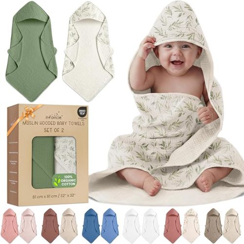 infancie 100% Organic Cotton 2 PK Muslin Baby Hooded Towel Wrap 32x32 in