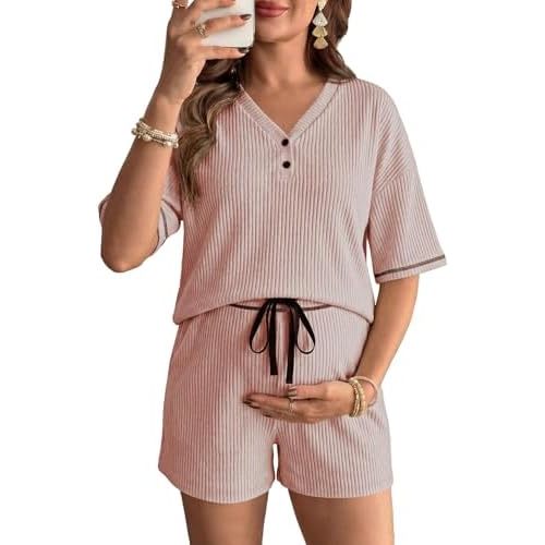 BLENCOT Womens Maternity Nursing Pajamas Set V Neck Short Sleeve Button Shorts Soft Pj Sets Pregnancy Summer Outfits