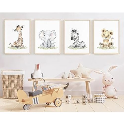 Safari Nursery Wall Art Decor Baby Animal Canvas Wall Art Woodland Nursery Wall Decor Kids Jungle Animal Pictures Safari Giraffe Elephant Tiger Prints for Room Bedroom Set of 4 8x10 Inch Unframed