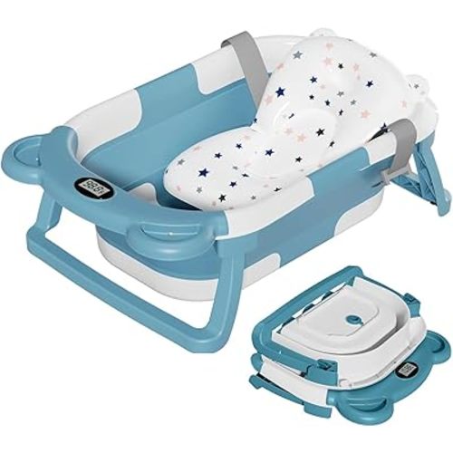 TPN Collapsible Baby Bathtub for Infants to Toddler with Real-time Temp Monitor+Floating Cushion,Foldable Baby Bath Tub Set Applicable 0-36 Month,Perfect Portable Travel Baby Tub for Newborns Boy