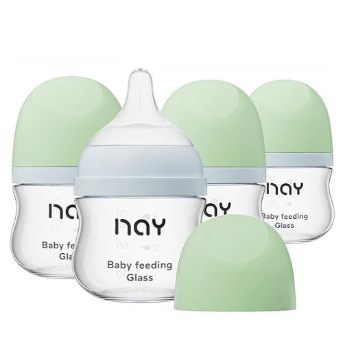 yanyoyo Natural Glass Baby Bottle Wide Neck, Newborn Anti-Colic Baby Bottle, Clear, 3oz(Pack of 4), Includes 4Pcs Slow Flow Nipple(SS), 0 Months+