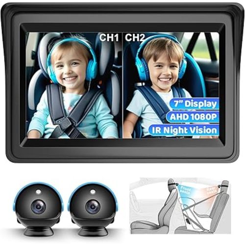 Baby Car Camera Dual Channel, 7'' HD 1080P Monitor & 2 Cameras, Split Screen Display, Night Vision & 150° Wide View Baby Car Mirror Camera for Rear Facing Seat Backseat, Plug and Play, 360° Rotation