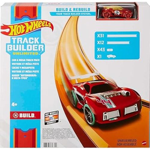 Hot Wheels Toy Car Mega Track Set Pack, 87 Component Building Parts for 40-ft of Track & 1:64 Scale Vehicle (Amazon Exclusive)
