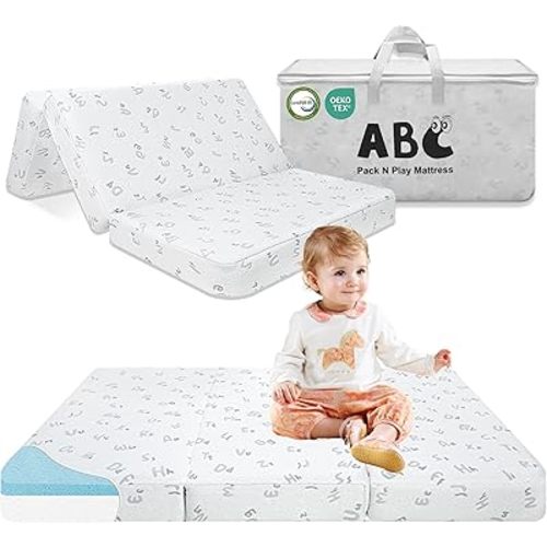 Trifold Pack and Play Mattress - 38"x26" Pack N Play Mattresses Pad with Breathable Removable Cover - Dual-Sided Memory Foam Foldable Portable Travel Baby Crib Mattress