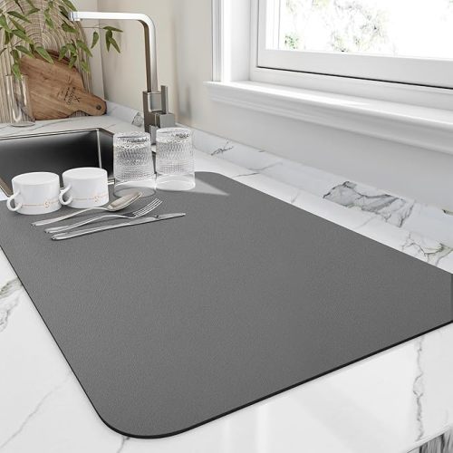 Dish Drying Mat for Kitchen Counter, Heat Resistant Drainer Mats with Non-slip Rubber Backed, Hide Stain Kitchen Super Absorbent Draining Mat, Easy to Clean Dish Rack Pad, Dark Grey 16"x18"