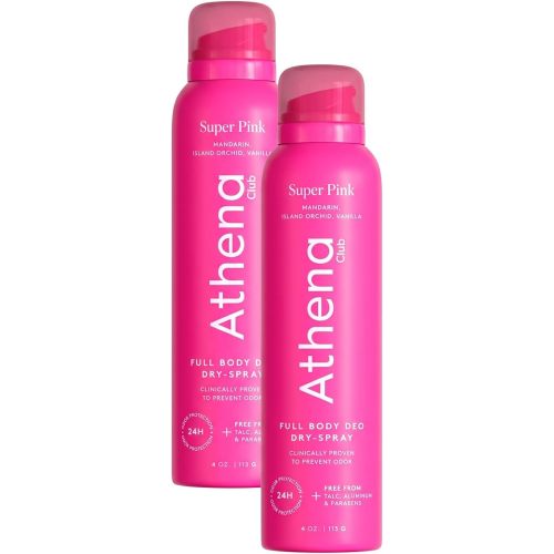 Athena Club Full Body Deo Natural Deodorant Dry Spray for Women, Aluminum Free 360 Degree Whole Body Deodorant, 24 Hour Odor Protection, No Residue, Super Pink Tropical Scent, 4 oz (Pack of 2)