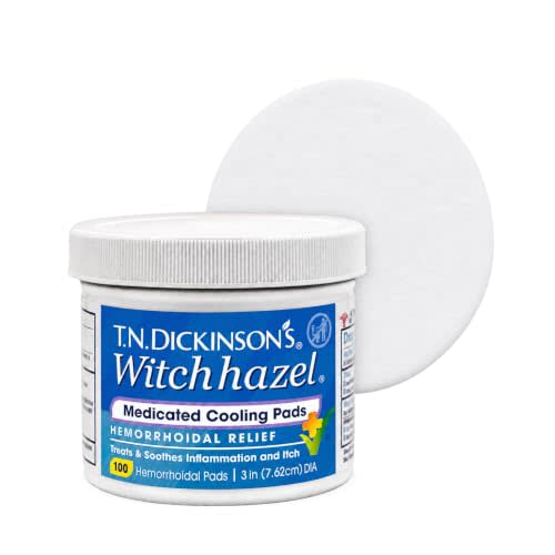 T.N. Dickinson's Medicated Cooling Pads | Witch Hazel & Aloe | 100 Rounds | Hemorrhoid Treatment, Postpartum Care, Feminine & Rectal Relief; Soothes & Cools