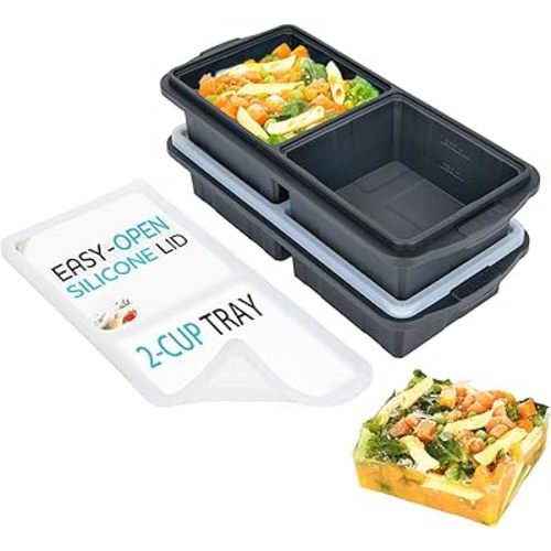 Silicone Freezer Tray With Lid-Soup Freezer Container molds-2-cup Extra Large Ice Cube Tray-makes 4 perfect 500ml portions cubes, For freezing soup,stews,sauces.Oven&Dishwasher-Safe(2-Pack)
