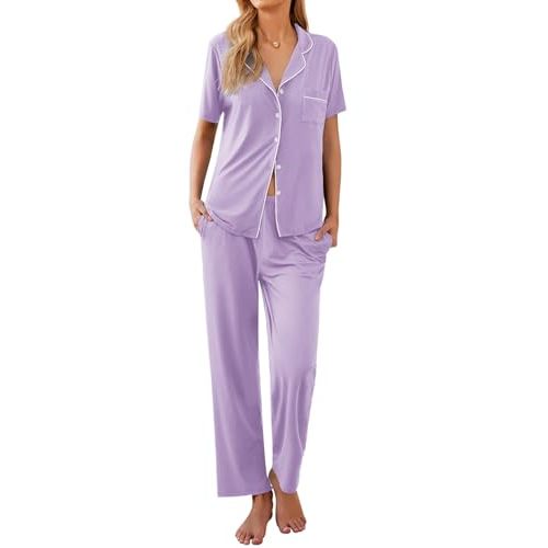 Ekouaer Womens Pajamas Set Short Sleeve Button Down Top & Pants Lounge Pjs | Soft Sleepwear with long pants, ideal for Home relaxation, Wedding, Party, Daily Wear & Breastfeeding
