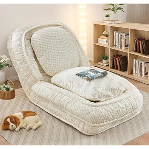 Upholstered Human Dog Bed for Adult & Pets, Convertible Lazy Sofa Bed with 5 Adjustable Position, Comfy Tatami Bean Bag Lounge Chair with 2 Soft Pillows for Bedroom Living Room Office (Beige)