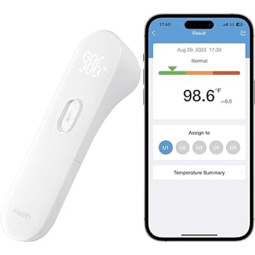 iHealth Smart Bluetooth Thermometer for Adults and Kids - Wireless No-Touch Digital Thermometer for Forehead - 3 Ultra-Sensitive Sensors, Large LED Digits, Vibration Mode - for Home Use, PT3SBT