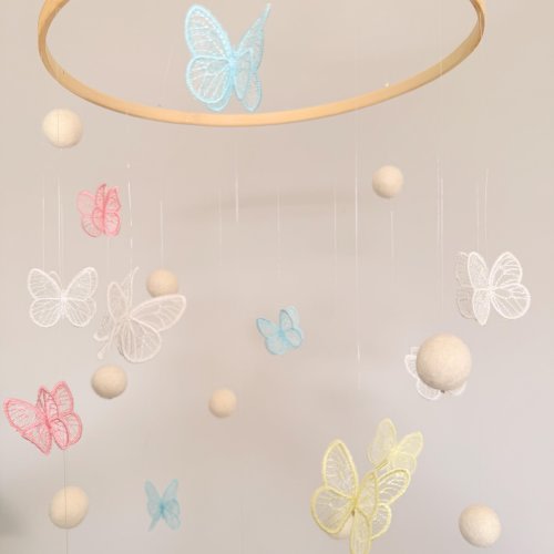 Butterfly Baby Mobile for Crib – Pastel Nursery Mobile – Neutral Felt Ball Mobile – Pink Blue Yellow Butterfly Crib Mobile – Baby Girl Nurse