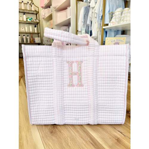 TRVL Pink Stripe Quilted Tote- single applique initial