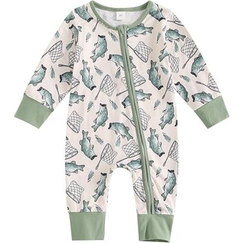 Gaono Newborn Baby Boy Girl Fishing Outfit Long Sleeve Zipper Fish Print Romper Jumpsuit Infant Coming Home Clothes (Green, 3-6 Months)