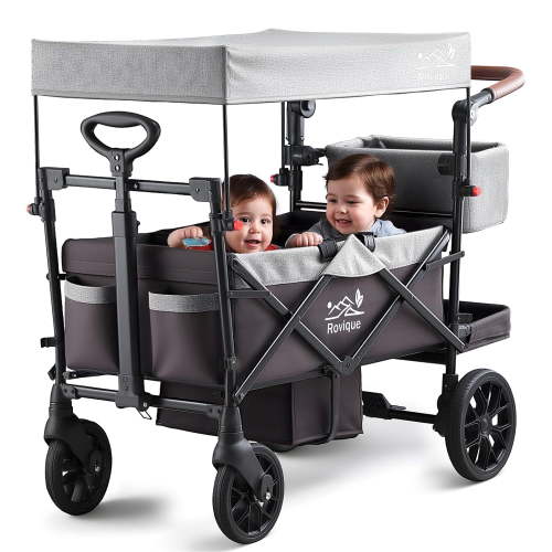 Rovique 2-Seater Foldable Wagon Stroller with Canopy – All-Terrain Double Push Wagon for Toddlers, Lightweight Steel Frame, Compact Travel Stroller in Modern Gray