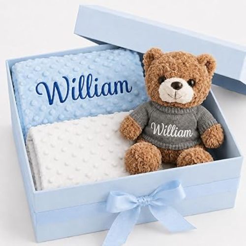 KAINSY Personalized Baby Blanket & Plush Teddy Bear Set, Custom Baby Blanket Embroidered with Name, Double Layer Dotted Backing Swaddle for Toddler, Baby Shower & New Baby Gift Set for Boys