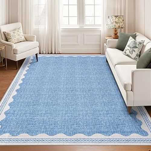 Scalloped Blue Washable Rugs 10x13 Rug for Living Room Non-Slip Solid Modern Minimalism Low-Pile Carpet 10 x 13 Rug for Bedroom Dining Nursery Rug