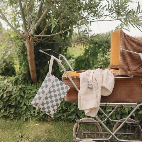 mushie Water Resistant Wet Bags | Large & Small Reusable Storage Bag for Baby Items and Travel | Zippered Pockets with Handle | Machine Washable, Set of 2 (Olive Check)