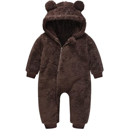 Mokitoni Newborn Fleece Jumpsuits Infant Onesie Cartoon Snowsuit Hooded Romper Warm Coat 0-6m